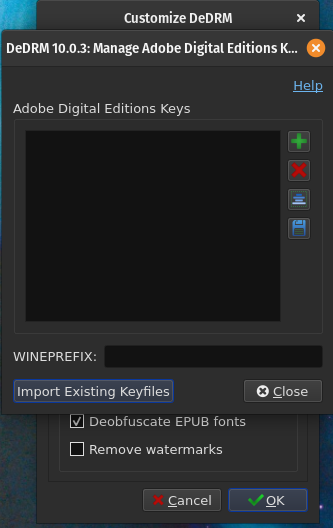 the Adobe Digital Editions ebooks option config panel, including our needed option of "Import Existing Keyfiles".