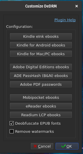 image of the DeDRM plugin config panel