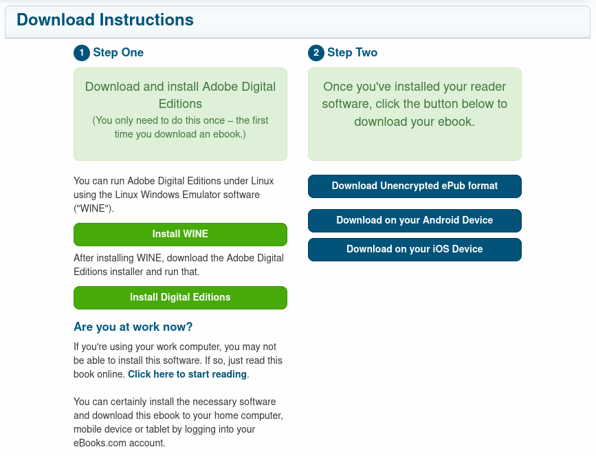 Screenshot of ebooks.com's download page, recommending use of WINE to use ADE because they correctly surmised I'm on a linux distro.